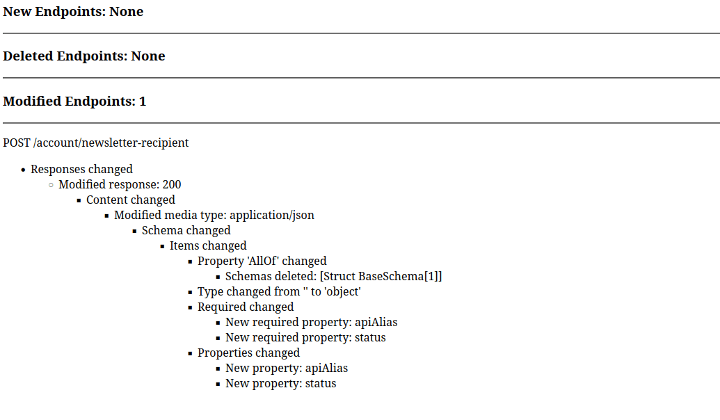 Example results.html page with oasdiff, to compare json schema files