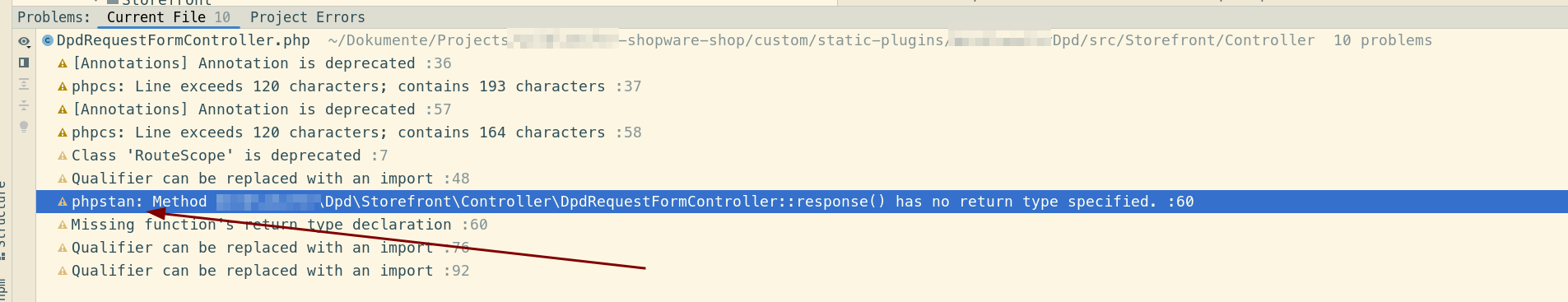 Picture shows PHPStan validation in problems tab of PHPStorm.